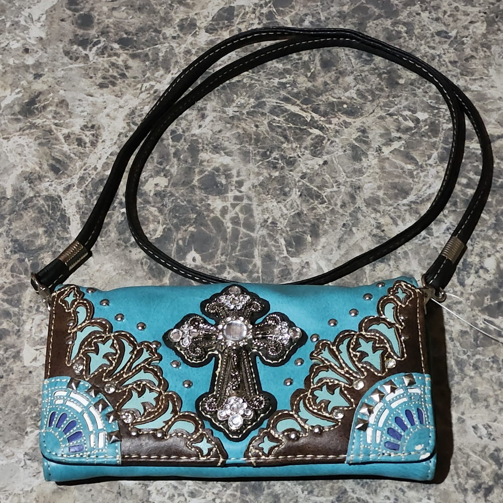 Elegant Turquoise Clutch with Embellished Cross